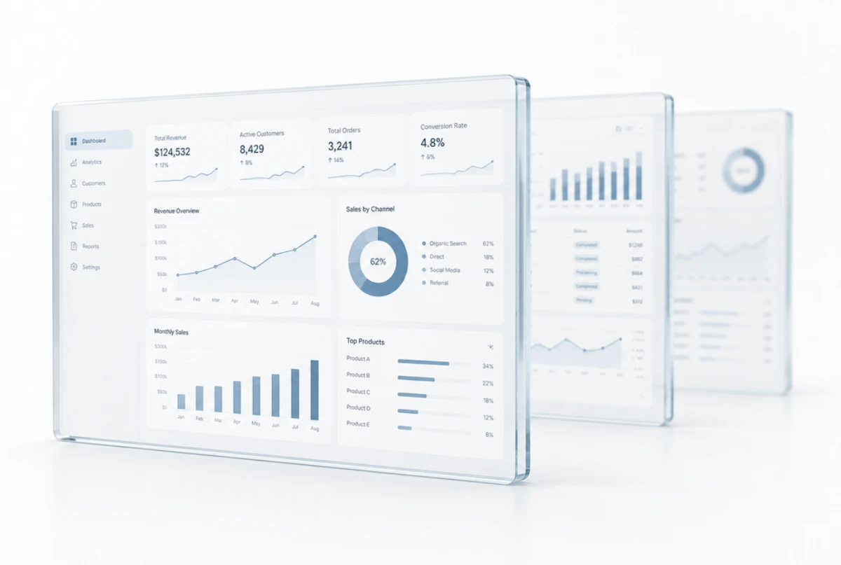 Painéis de vidro flutuantes exibindo interfaces de dashboard